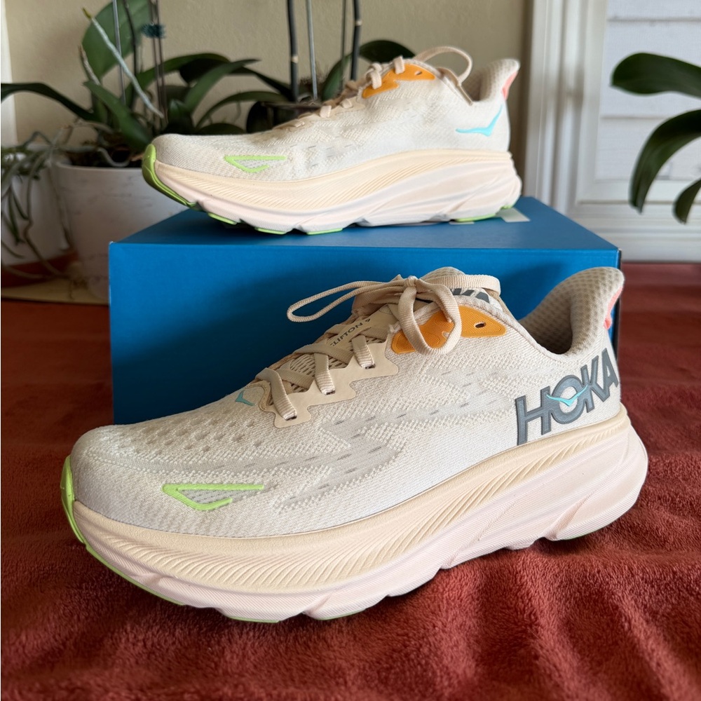 HOKA Womens Clifton 9 Cream and Orange Running Shoes